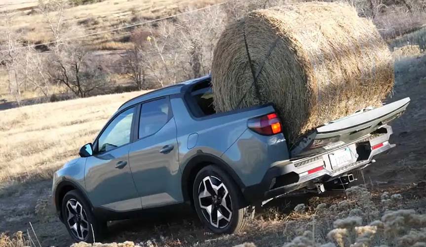 Видео: Hyundai Santa Cruz везет тяжеленный тюк сена в гору